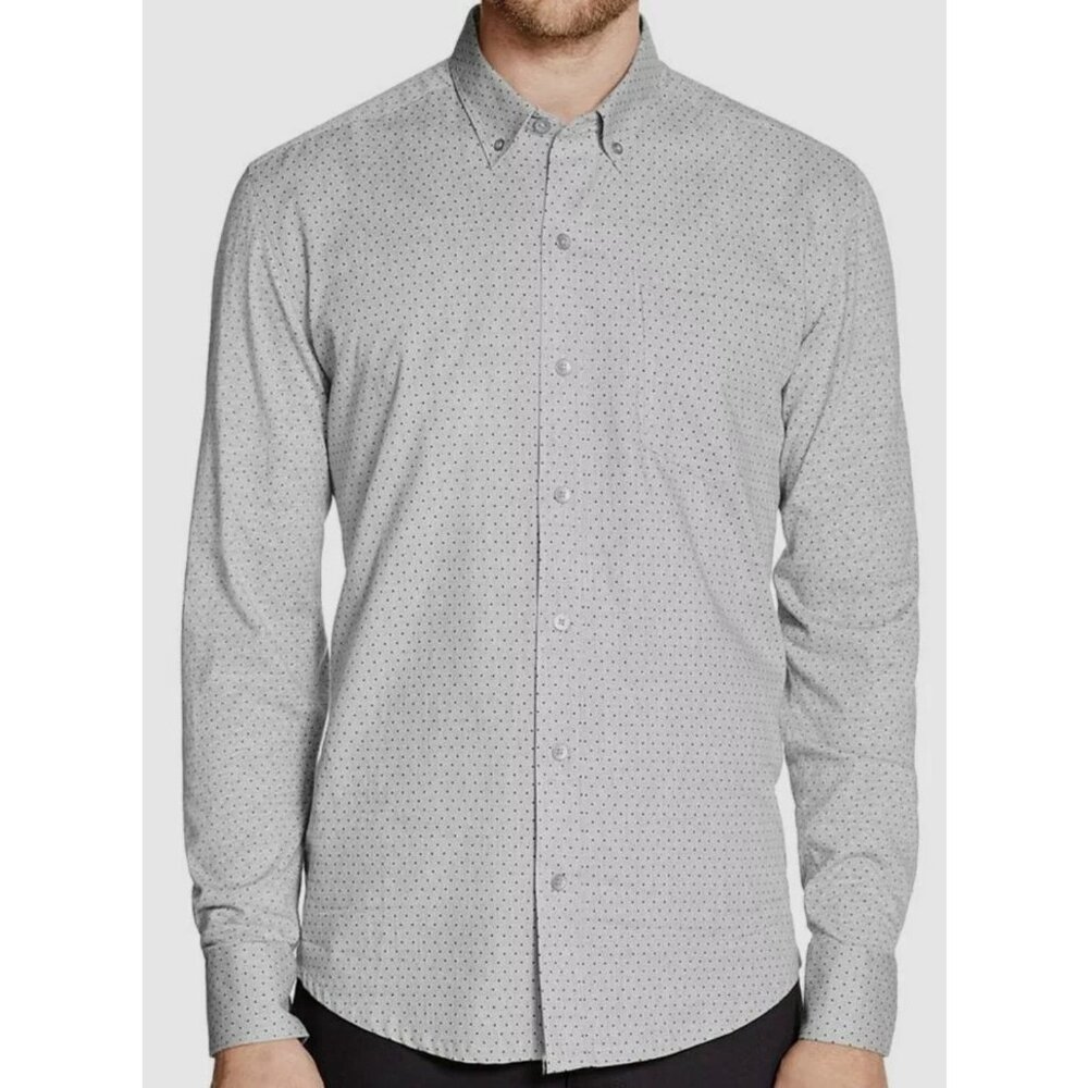 Wrk  Reworked Button Up Shirt Mens Size L Gray Polka Dot Slim Fit Career Wear